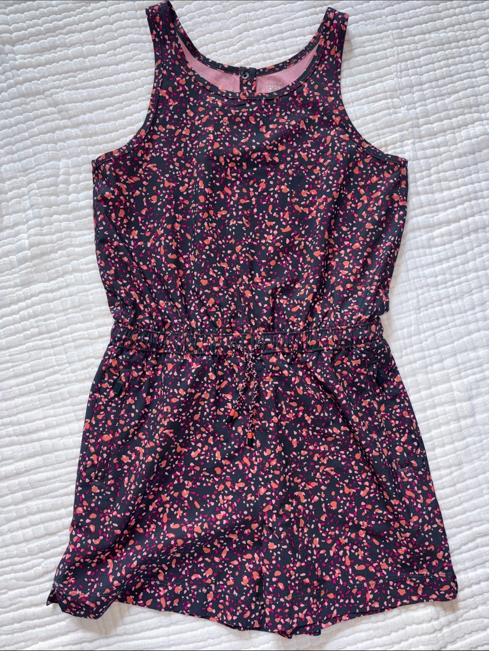 Athleta Girl size 12 (L) Grey Sleeveless Romper with Pink and coral Accents
